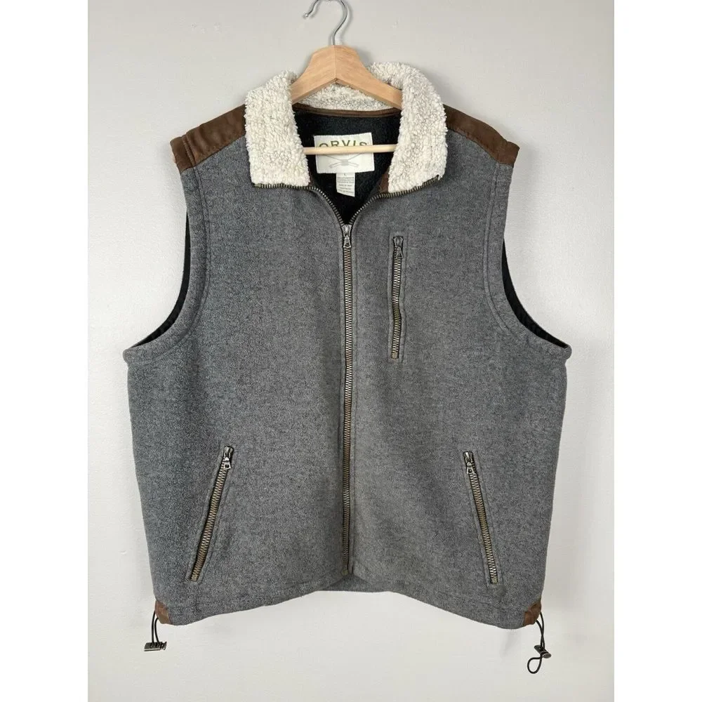 Orvis Men's Fleece Vest Gray Zip Faux Sherpa Collar Size Large Gorpcore Outwear‎